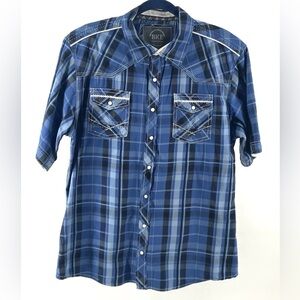 BKE Shirt Mens Large Blue Plaid Athletic Fit Snap Buttons Short Sleeve Collared